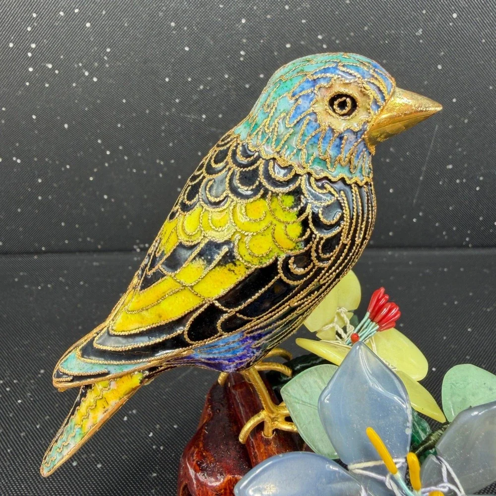 Cloisonne Enamel Bird Figurine Carved Wood Base Quartz Jade Stone Flowers 6in